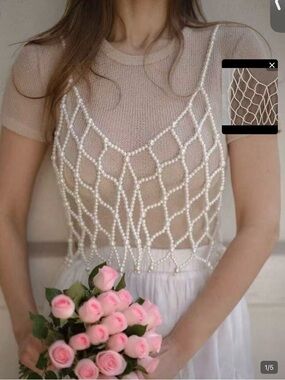 Pearl Beaded Net Overlay White Top